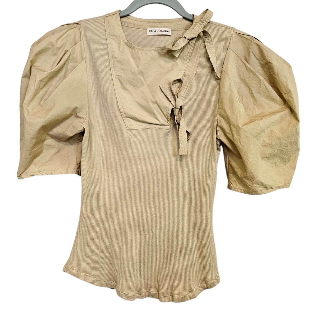 Ulla Johnson Beige Puff-Sleeve Tie-Neck Top